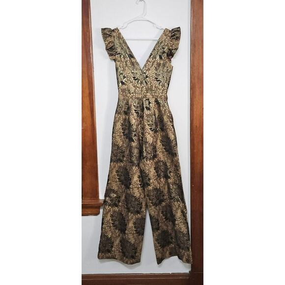 Happy x Nature Gold Floral Tie Front Jumpsuit Sleeveless V-Neck Wide Leg Sz 4 S - Picture 4 of 14